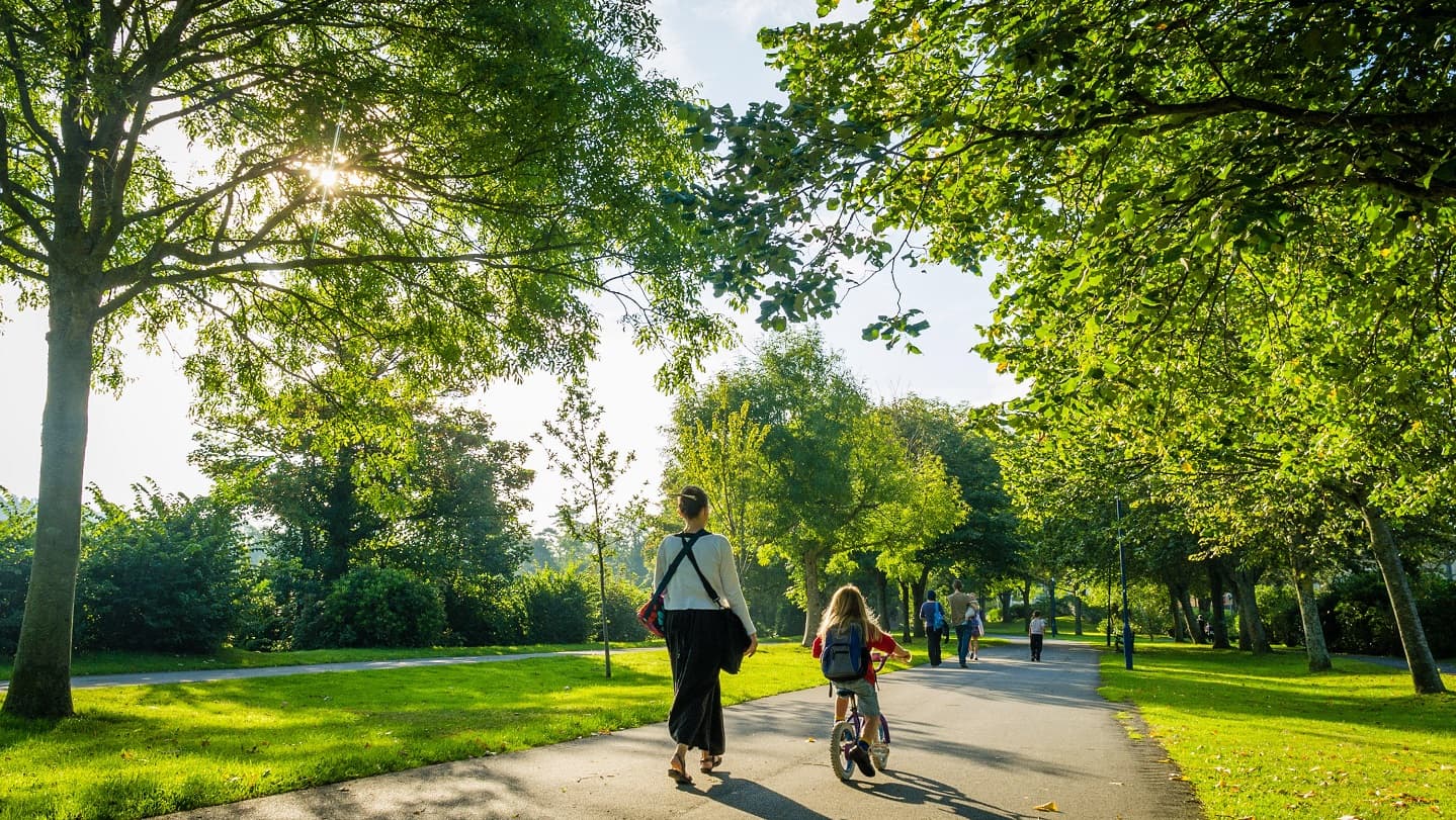 Urban green landscape with trees and people walking